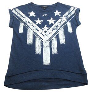 Rock & Republic T-Shirt Womens Small Blue Stars Rhinestone Double-Sided Pullover